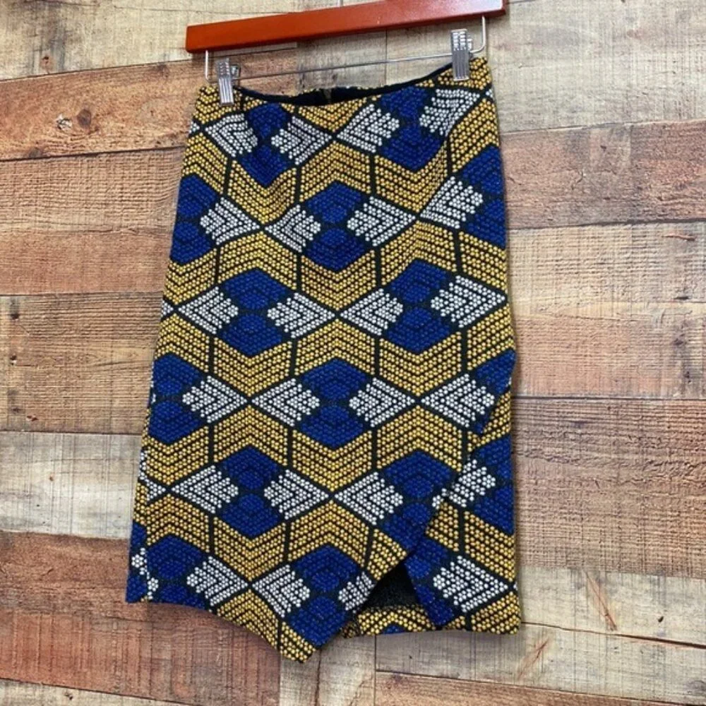 Anthropologie Maeve Blue Yellow Long Pencil Skirt 0P